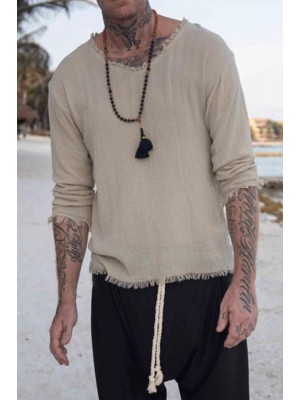 Mens Linen Minimalist Holiday Plain Long Sleeve Shirt