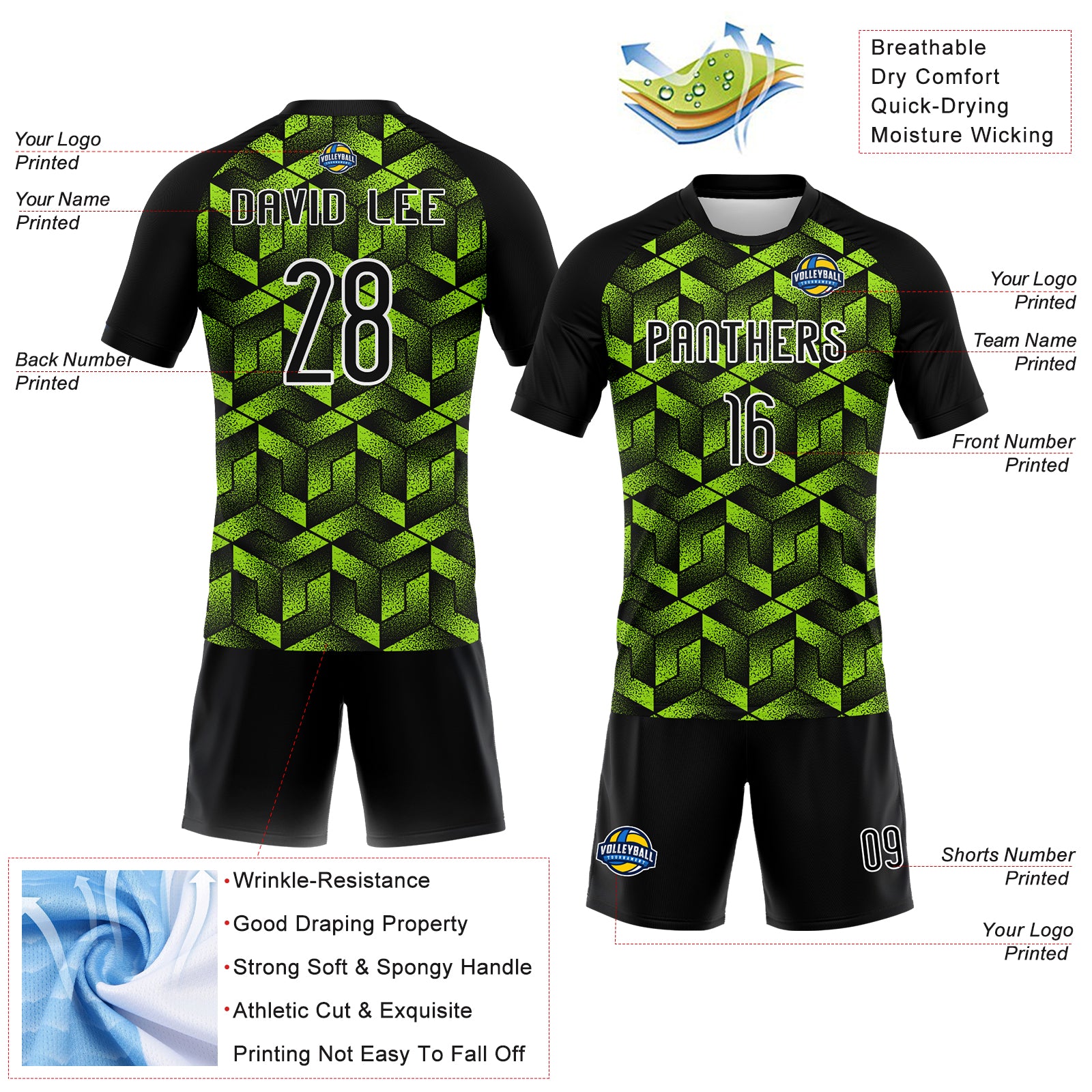 Custom Neon Green Black-White Geometric Shape Sublimation Volleyball Uniform Jersey